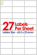 A4 Self Adhesive Address Labels, 27 Label Per Sheet, Multi-Purpose FBA 20 Sheets, 63.5 x 29.6mm 540 Labels