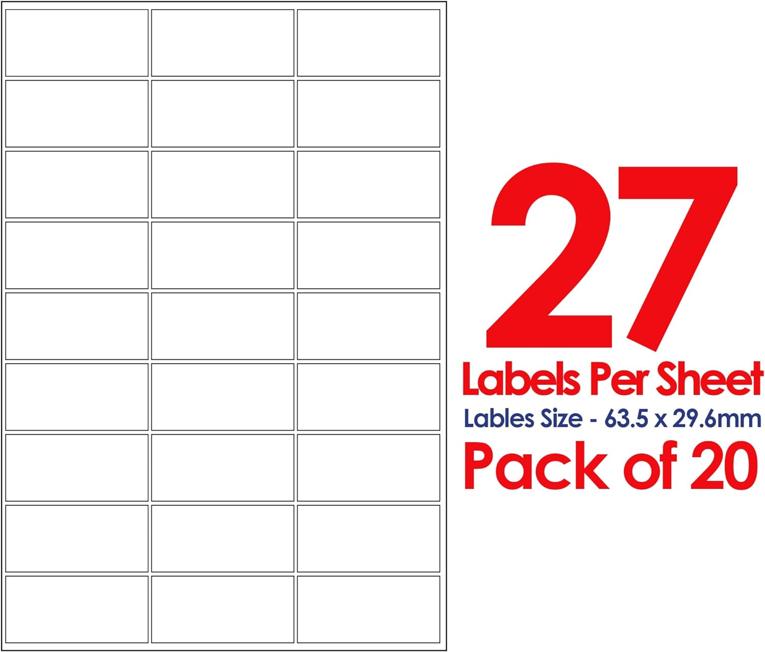 A4 Self Adhesive Address Labels, 27 Label Per Sheet, Multi-Purpose FBA 20 Sheets, 63.5 x 29.6mm 540 Labels