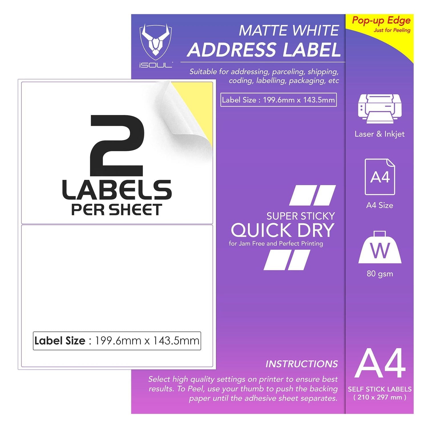 Self Adhesive Printer Labels 2 Printer Labels per Sheet 199mm x 144mm
