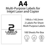 Self Adhesive Printer Labels 2 Printer Labels per Sheet 199mm x 144mm