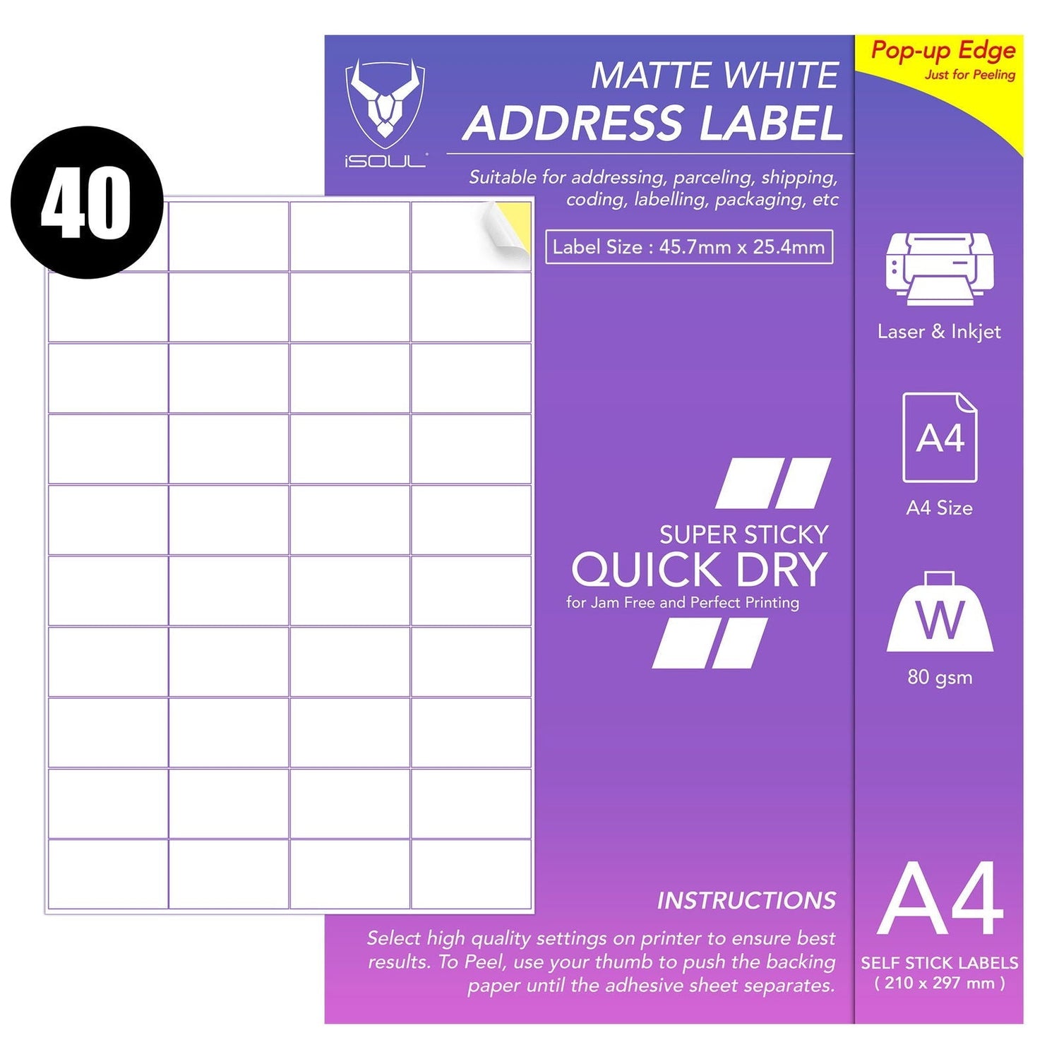 White Return Address Printer Labels - 40 Labels per Sheet 46mm x 25mm