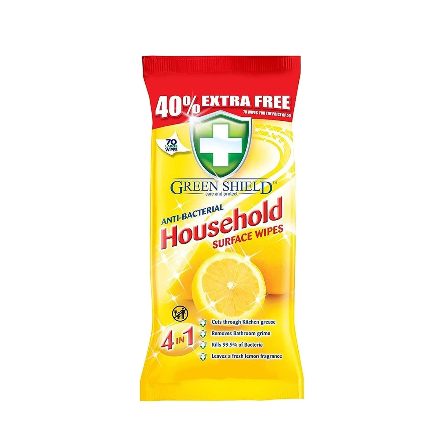 Greenshield Large Antibacterial Household Surface Cleaning Wipes Lemon 70 Wipes