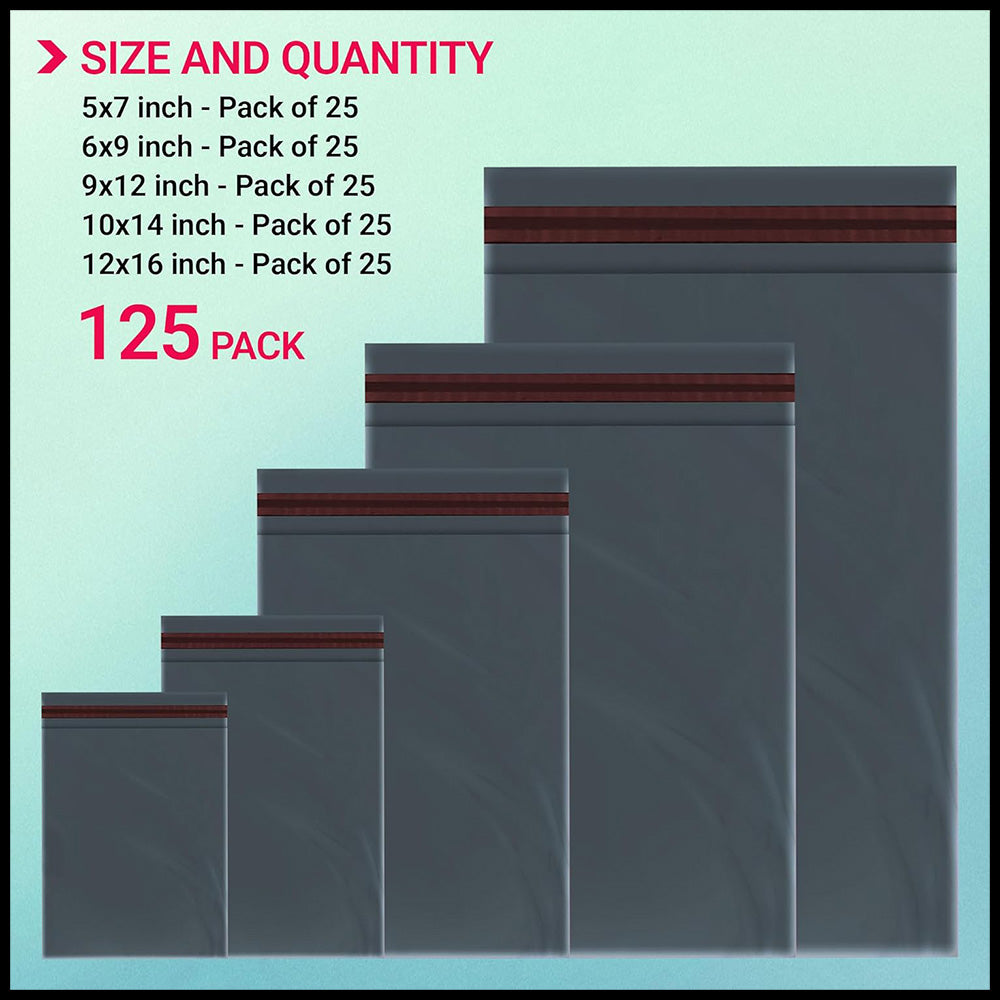 125 Mixed Grey Parcel Bags – 5 Sizes (25 Each) Tamper-Proof Self Seal Postal Mailers