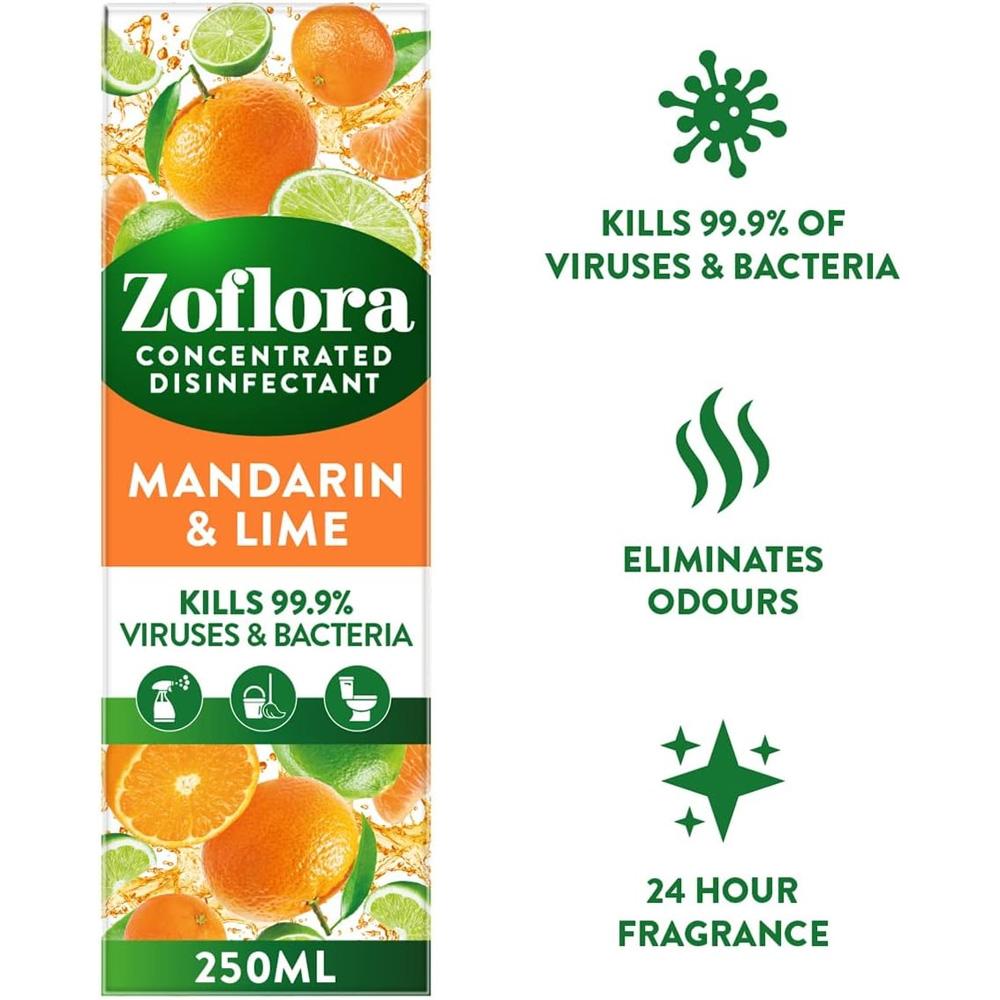 Zoflora Mandarin & Lime 6-Pack 250ml Concentrated 3-in-1 Multipurpose Disinfectant - Kills 99.9% of Bacteria & Viruses - Household