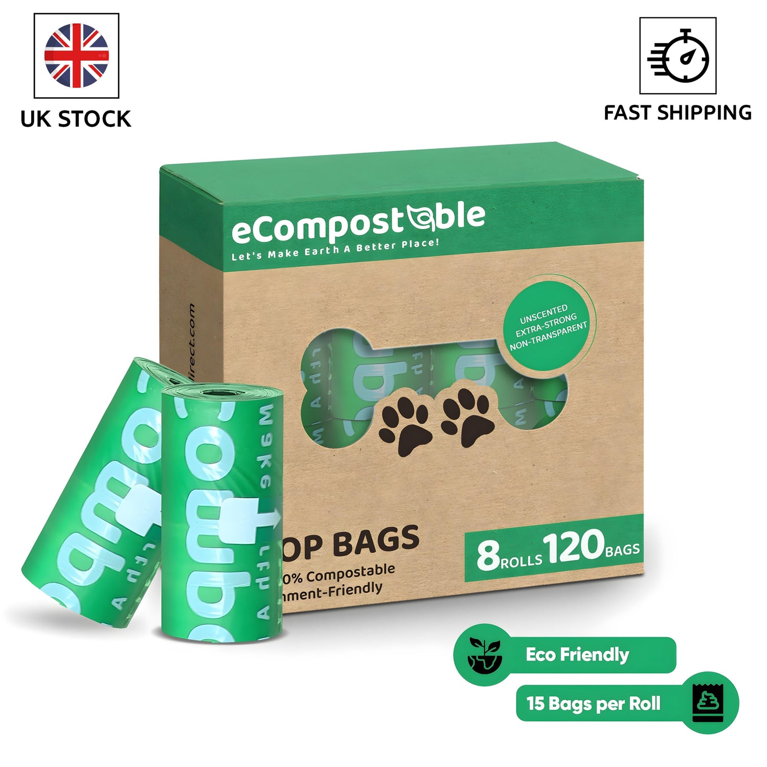 eCompostable Green Dog Poop Bags, Biodegradable, Unscented Dogg Waste Bags for Dogs, Poo Bags 23x33cm, Leak-Proof Litter Bags for Dogs and Cats