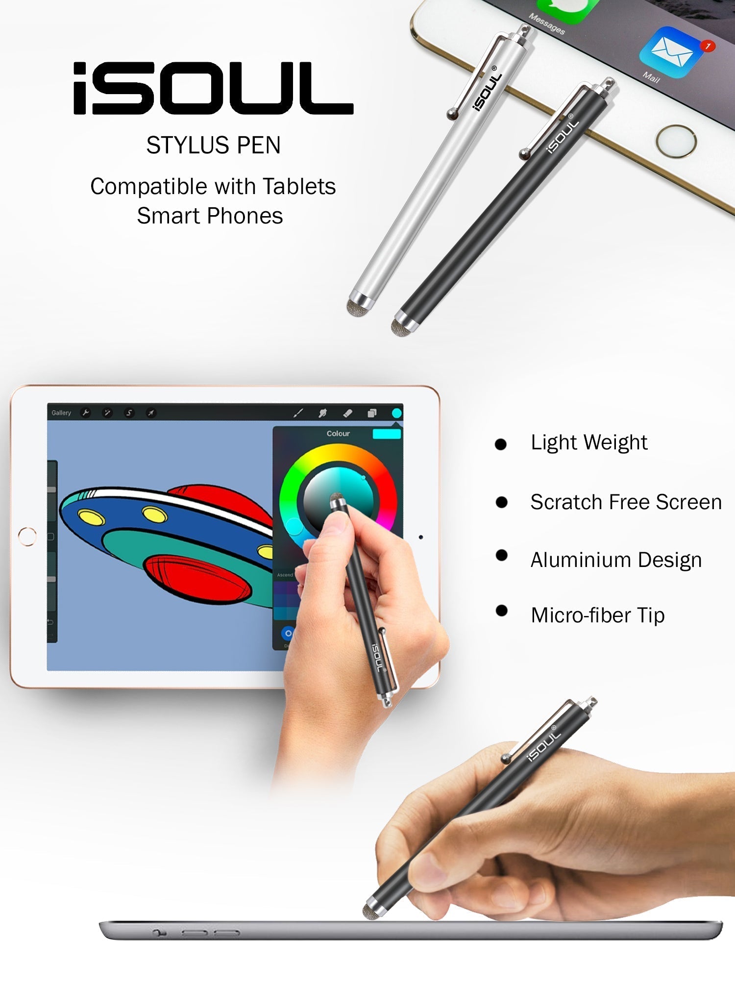 2x iSoul Stylus Touch Pen for Tablet Smartphone Capacitive Micro Fiber
