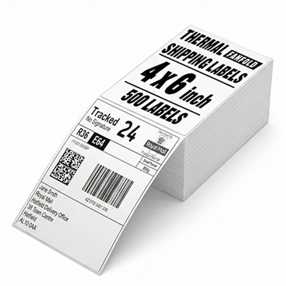 4x6 Direct Thermal Fanfold Shipping Labels 100x150mm White Permanent Adhesive 500 Pack