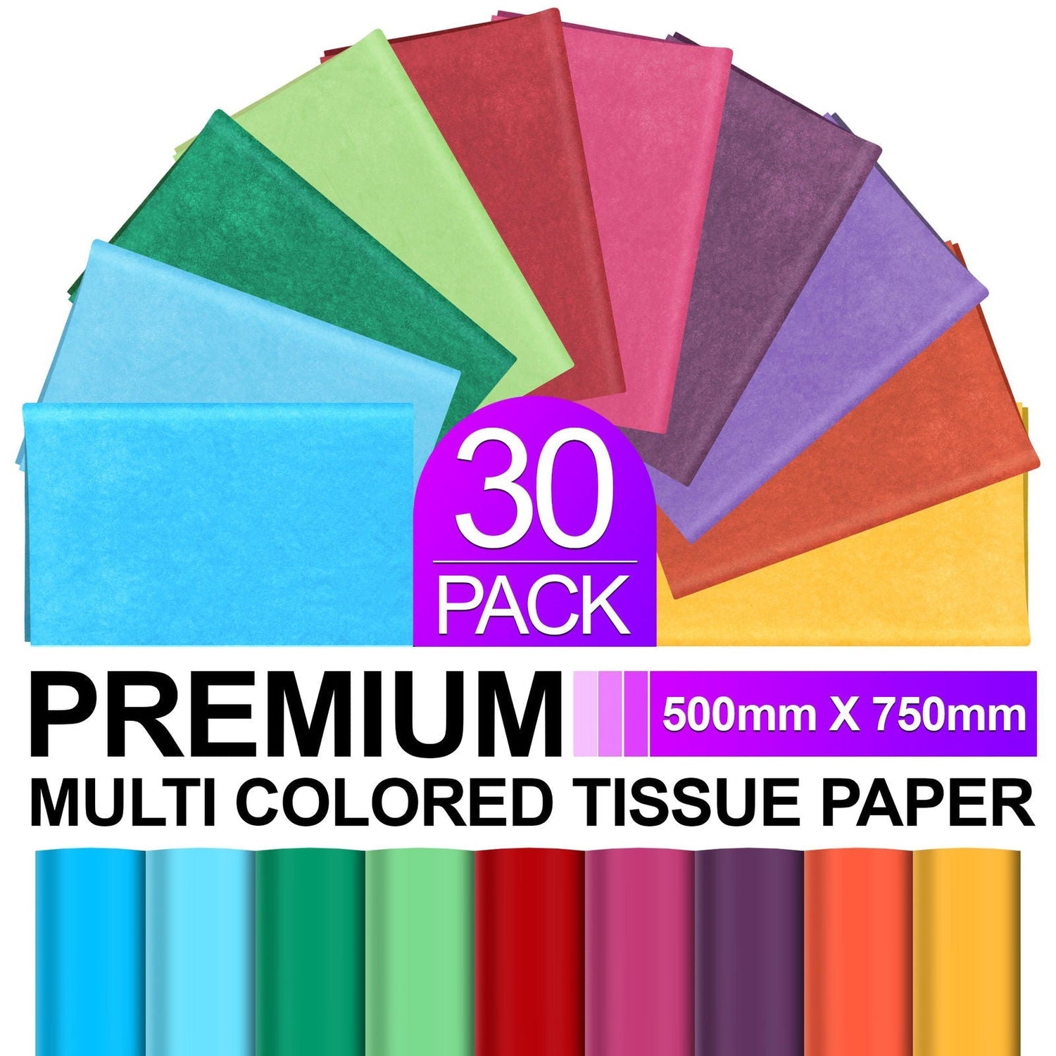 30pk Coloured Tissue Paper for Wrapping Gifts Eco Friendly 50cm x 75cm