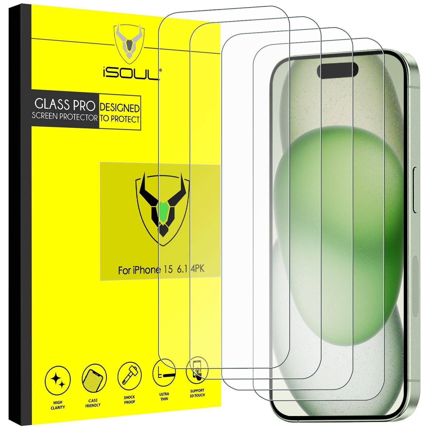 4-Pack Screen Protector for iPhone 15 6.1-Inch Tempered Glass Film [Ultra HD] [3D Touch] [Case Friendly]