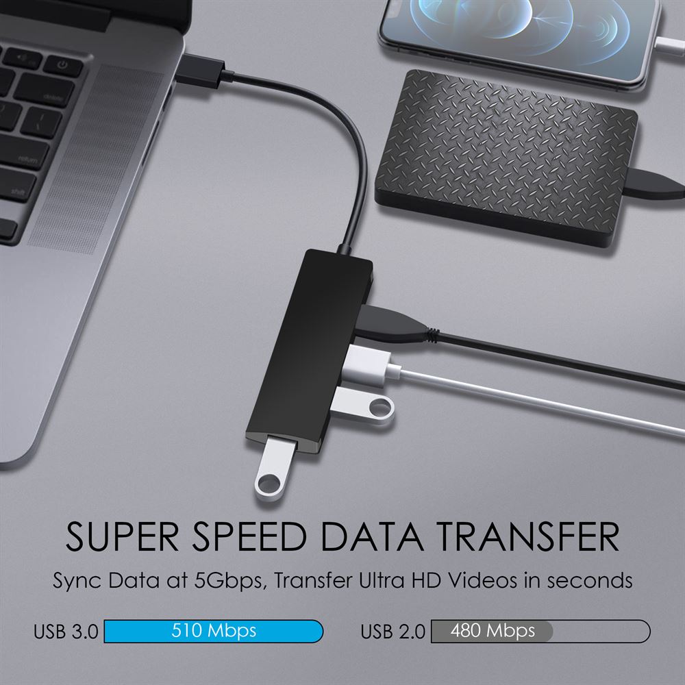 4 Port USB Hub 3.0 Ultra Slim Data Hub For Macbook Notebook HDD