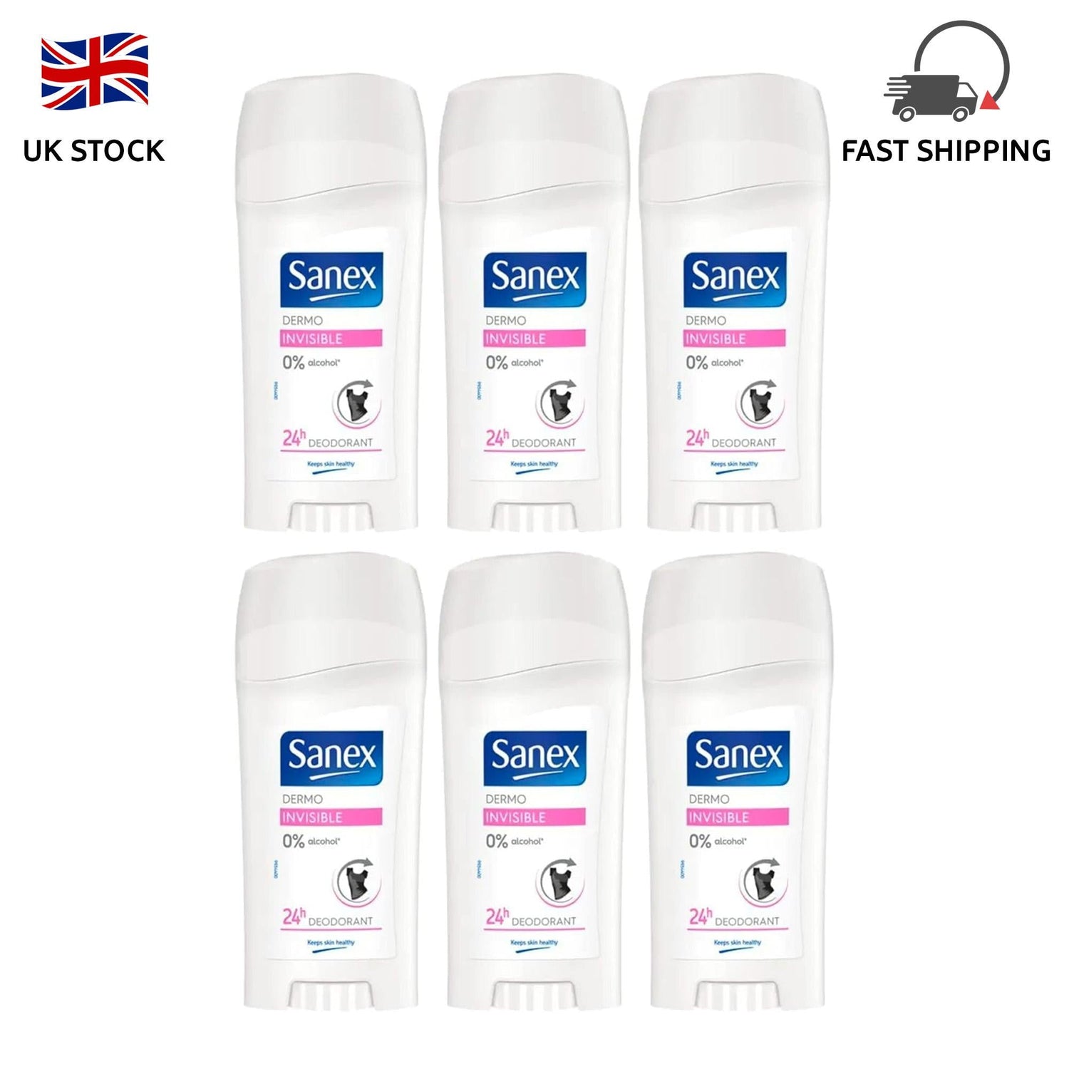 Sanex Dermo Invisible 24H Deodorant Stick Pack of 6, 65ml - Gentle, Long-Lasting Protection - Daily, Body Care