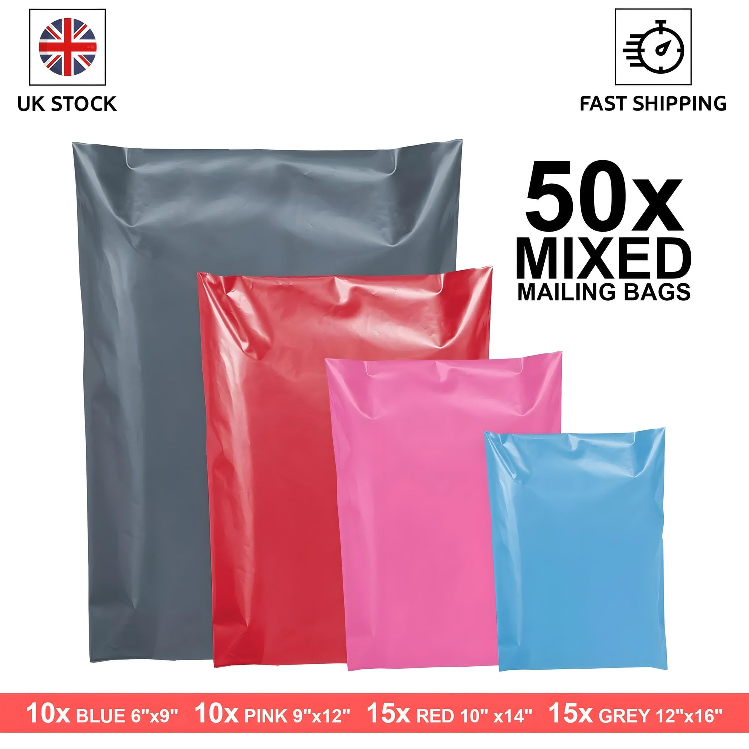 50 Mixed Mailing Bags Strong Poly Postage Bags 4 Sizes, Multicolor Pack (Blue Mailing Bags, Pink Mailing Bags, Red Mailing Bags and Grey Mailing Bags)