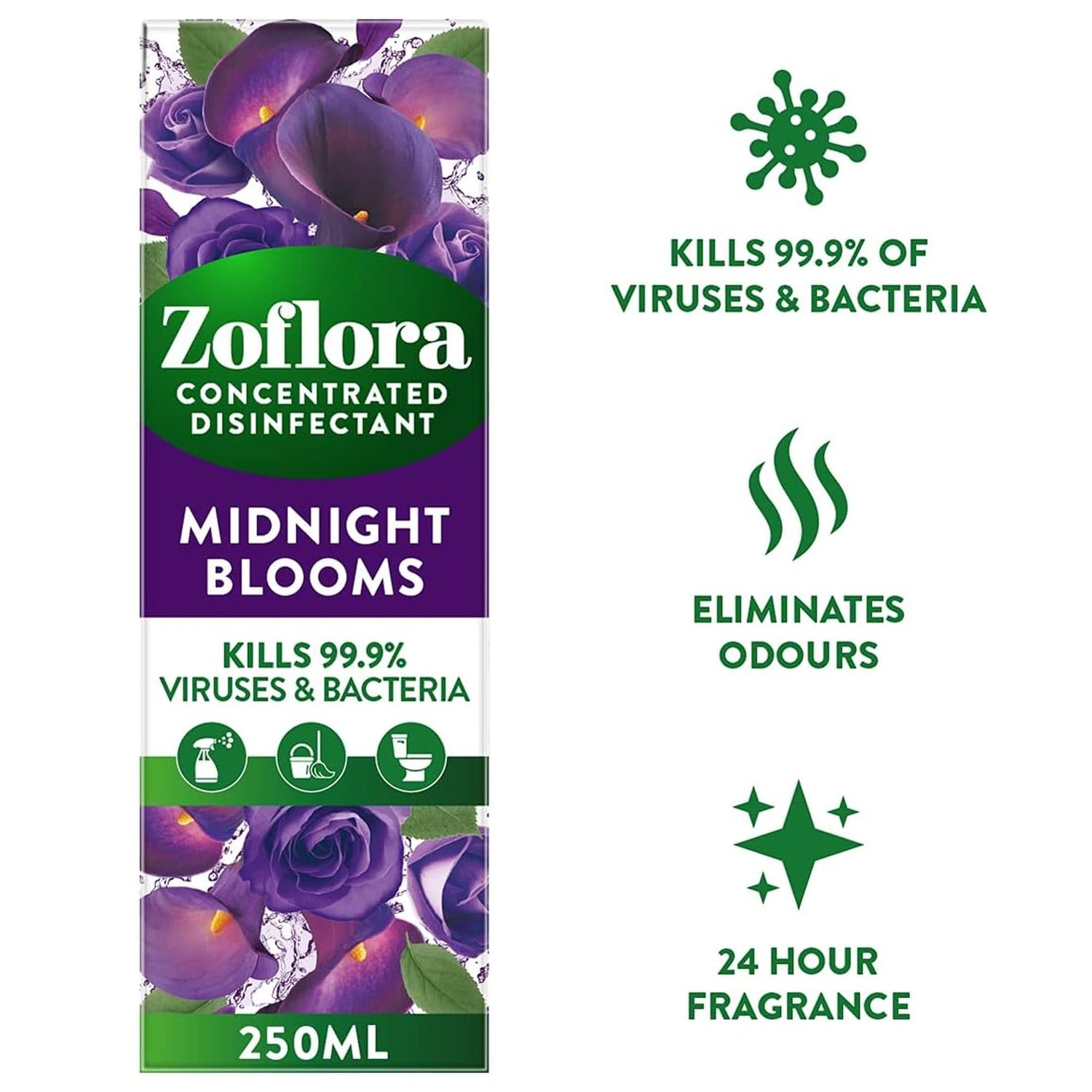 Zoflora Midnight Blooms 6pc x 250ml, Concentrated 3-in-1 Multipurpose Disinfectant Kills 99.9% of Bacteria & Viruses Household Pack Toilet Cleaner