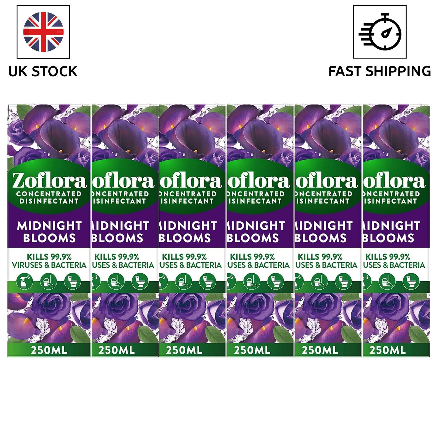 Zoflora Midnight Blooms 6pc x 250ml, Concentrated 3-in-1 Multipurpose Disinfectant Kills 99.9% of Bacteria & Viruses Household Pack Toilet Cleaner