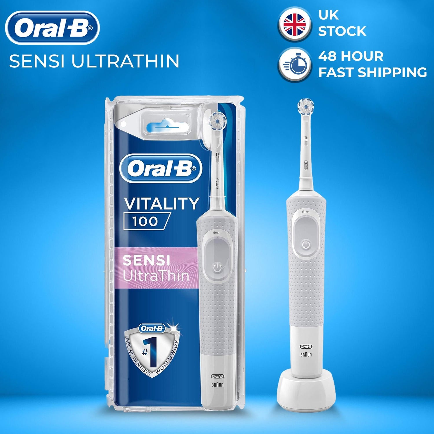 Oral-B Vitality 100 Sensi UltraThin Rechargeable Electric Toothbrush - White Handle Cleansing