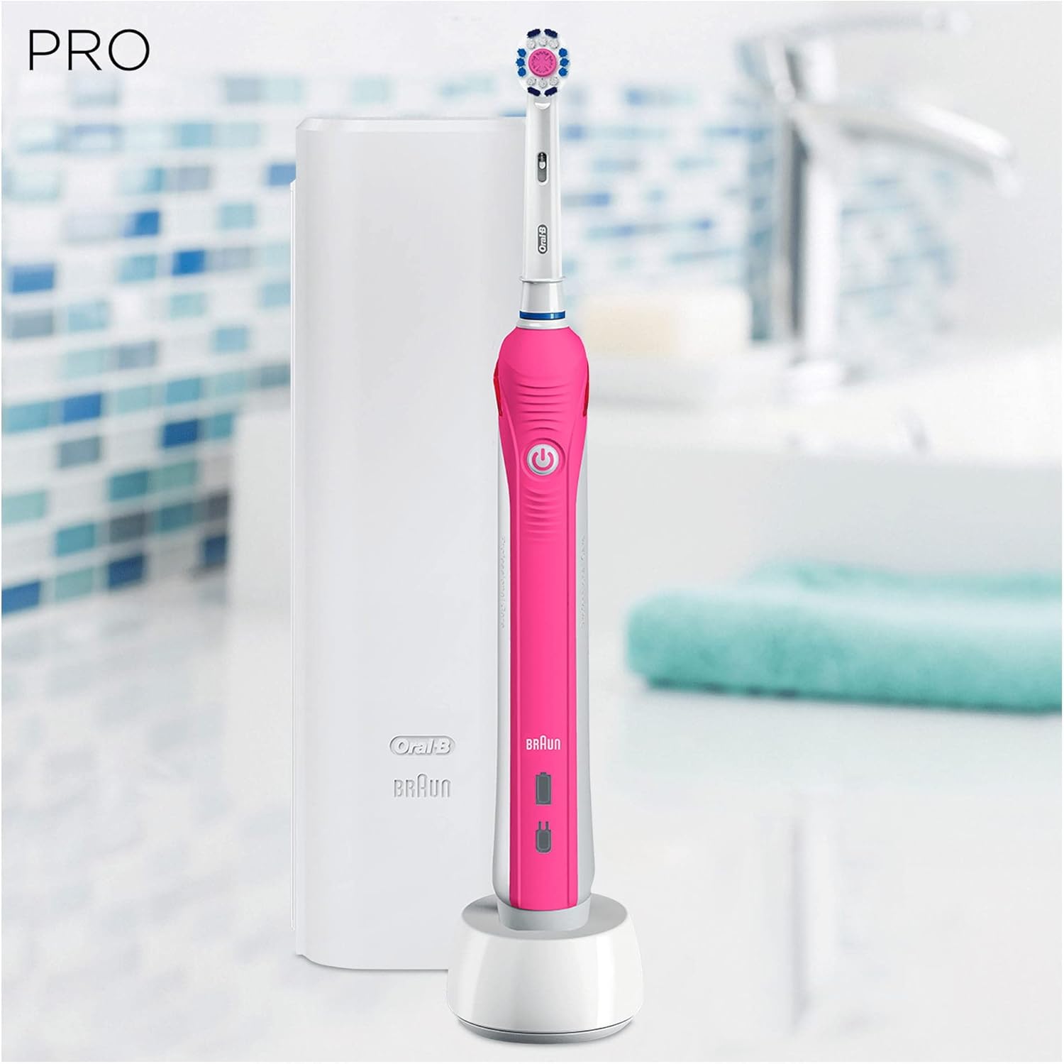Oral-B Pro 2500 3D White Electric Rechargeable Toothbrush with Travel Case and UK 2 Pin Plug-Pink