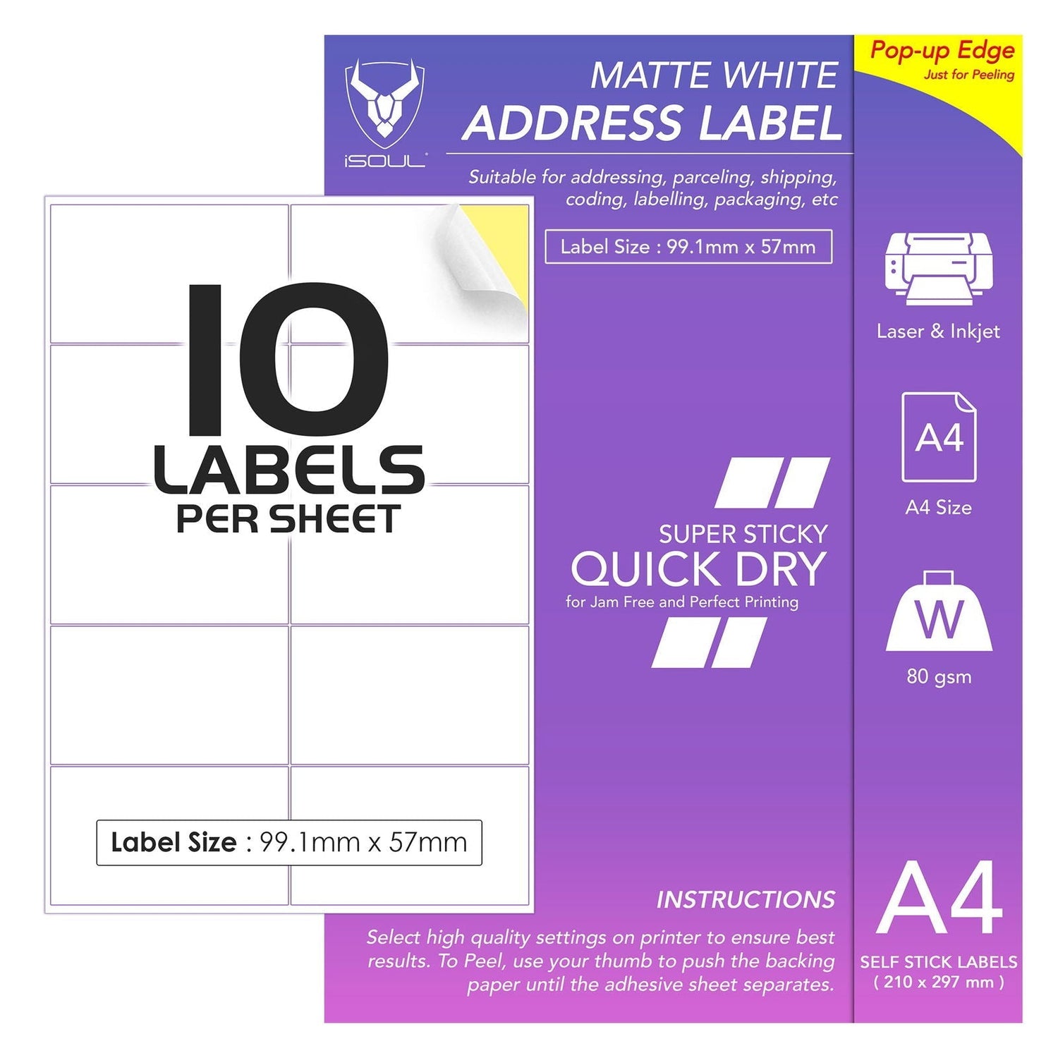 A4 Address Labels Sticky Self Adhesive 10 Per Sheet 99.1 mm X 57mm