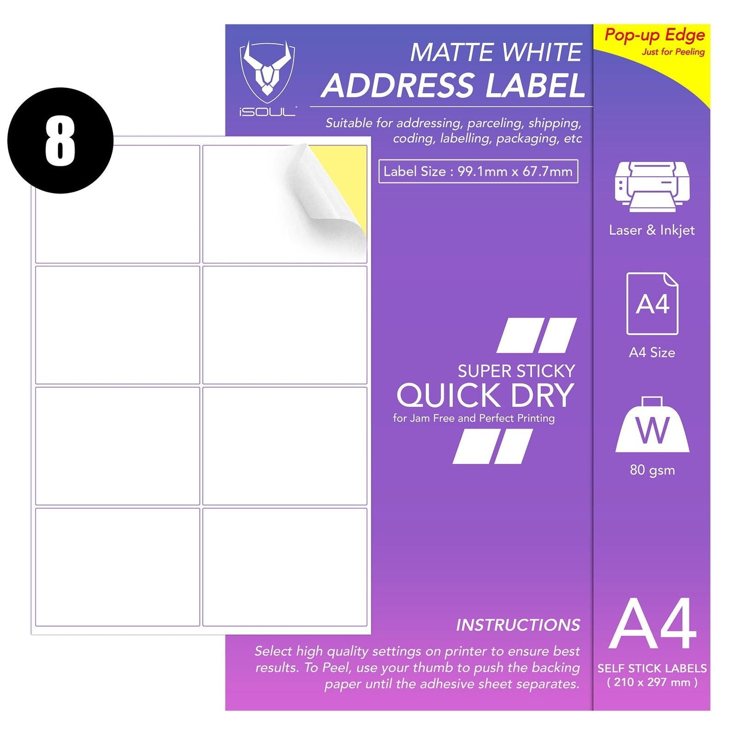 A4 Sticky Paper - 8 Labels Per Sheet - 105mm x 74mm