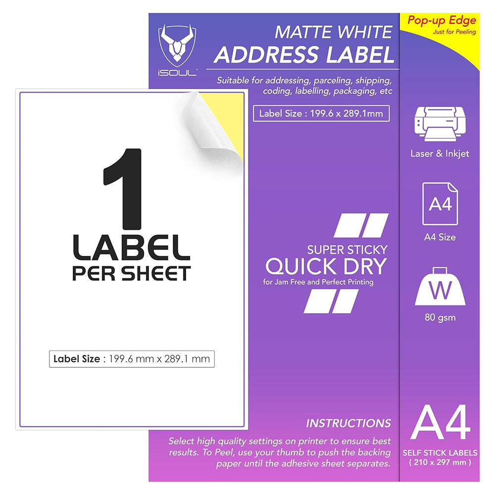1 Label per A4 Sheet – 50 Sheets Full Page Self Adhesive Sticky Labels