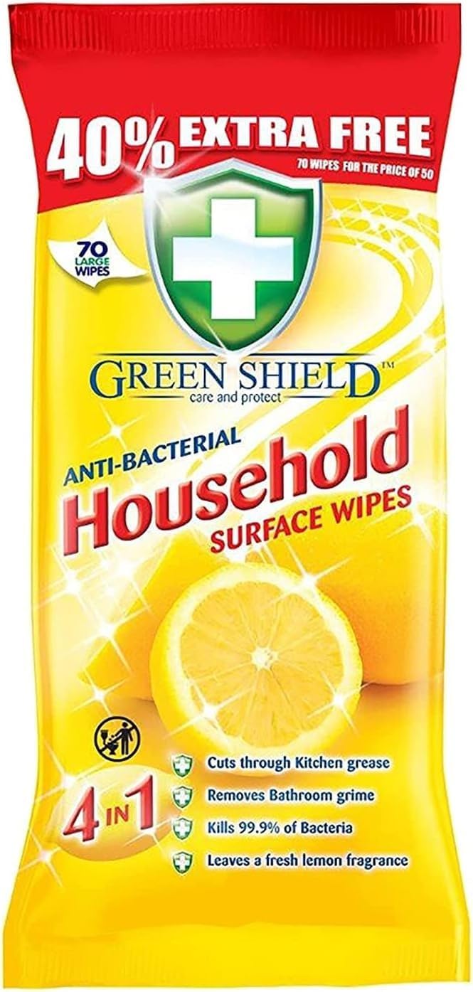 Greenshield Large Antibacterial Household Surface Cleaning Wipes Lemon 70 Wipes