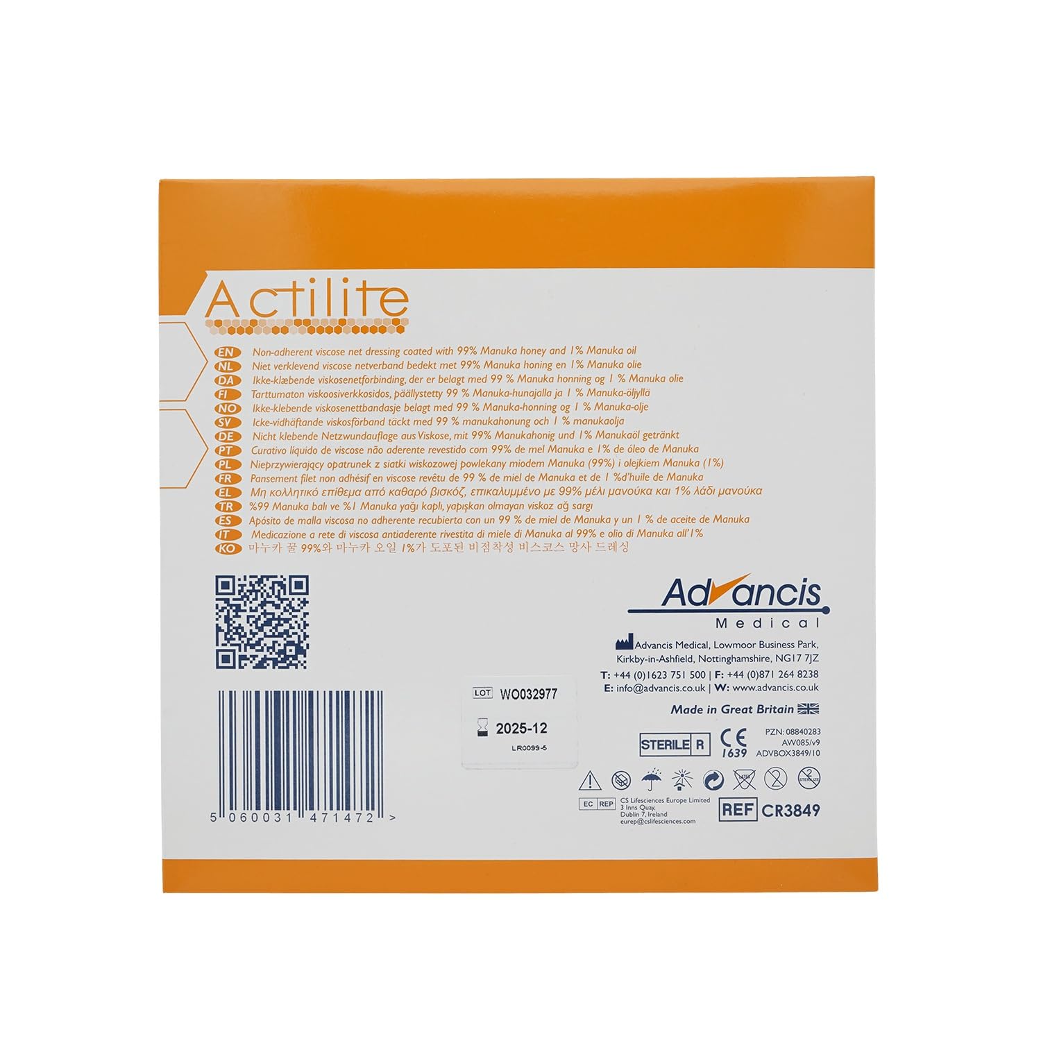 Advancis Actilite Manuka Honey Wound Dressing 10cm x 10cm Sterile Non-Adherent Pack of 10
