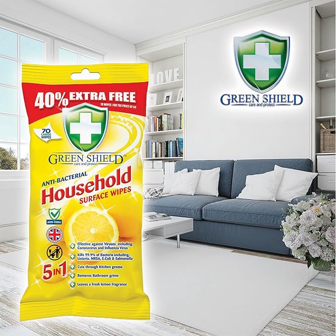 Greenshield Large Antibacterial Household Surface Cleaning Wipes Lemon 70 Wipes