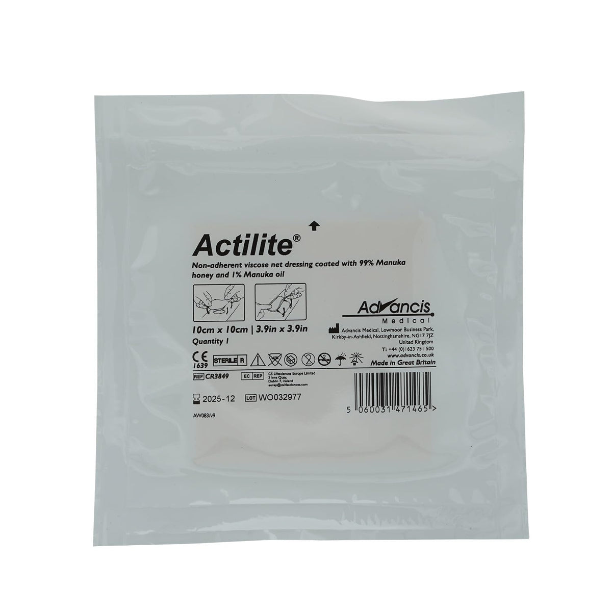 Advancis Actilite Manuka Honey Wound Dressing 10cm x 10cm Sterile Non-Adherent Pack of 10