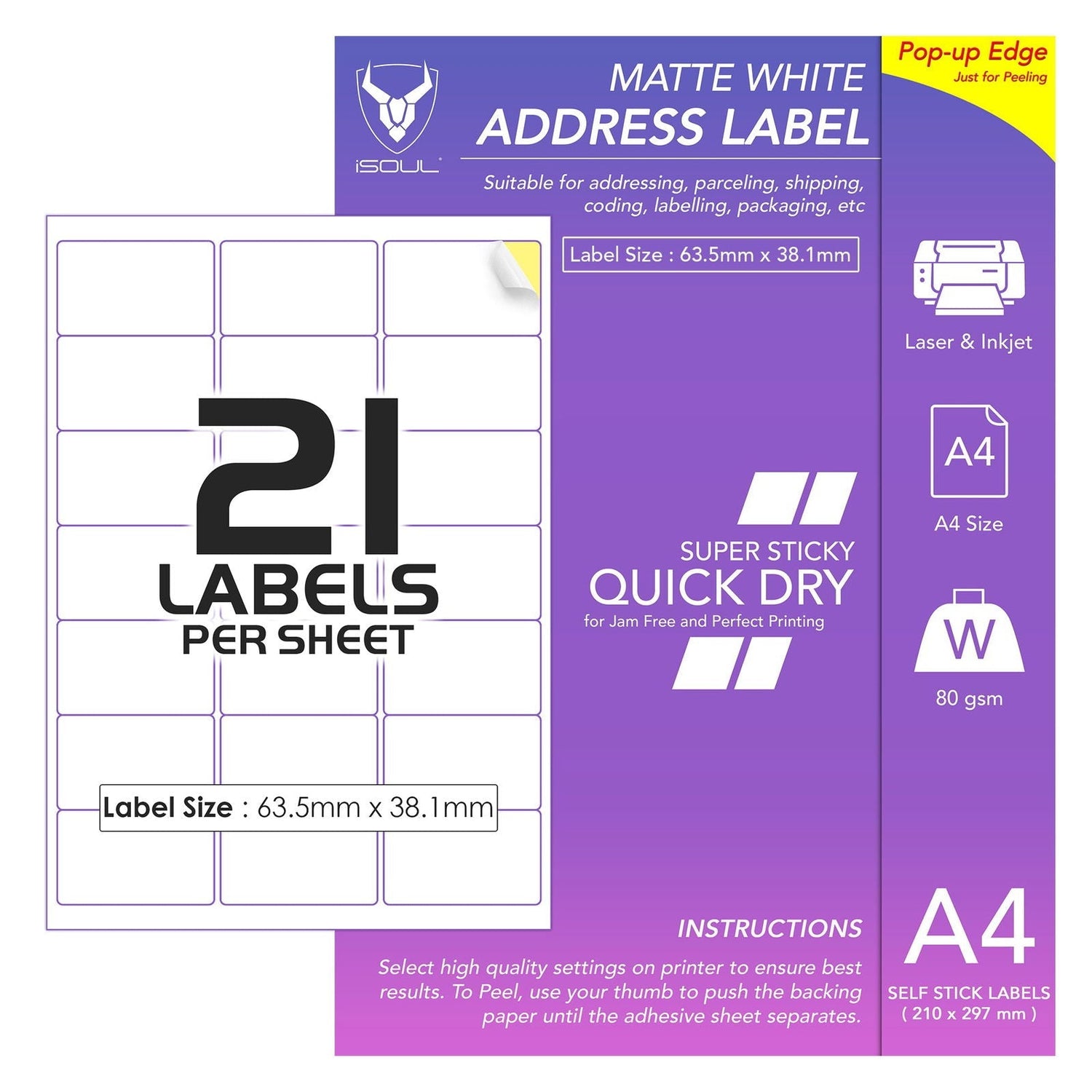 White Address Labels to Print - 21 Labels per Sheet - 64mm x 38mm