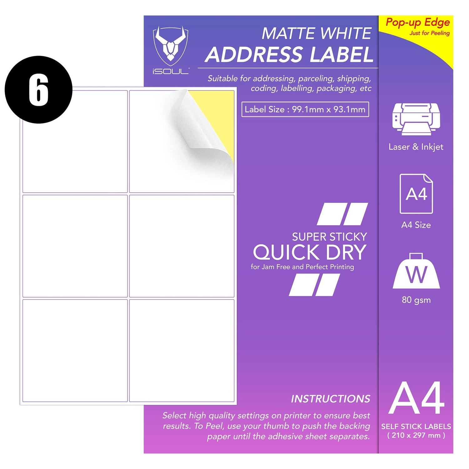 White Return Address Labels - 6 Printer Labels per Sheet - 99mm x 93mm