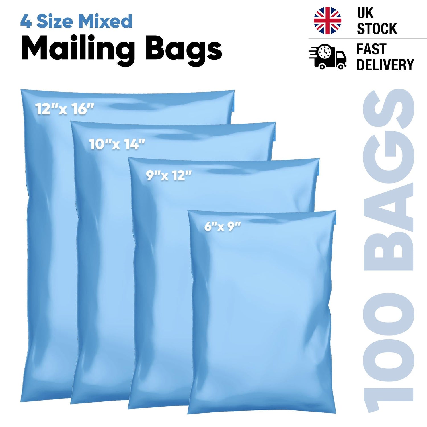 100 Mixed Mailing Bags Self Adhesive Waterproof and Tear-Proof Postal Bags Mailing Bags, 12x16 Inch Blue Postage Mailing Bags with Self-Seal Closure, Lightweight and Tear Proof Parcel Delivery Bags, Multipack Mailing Envelope Bags