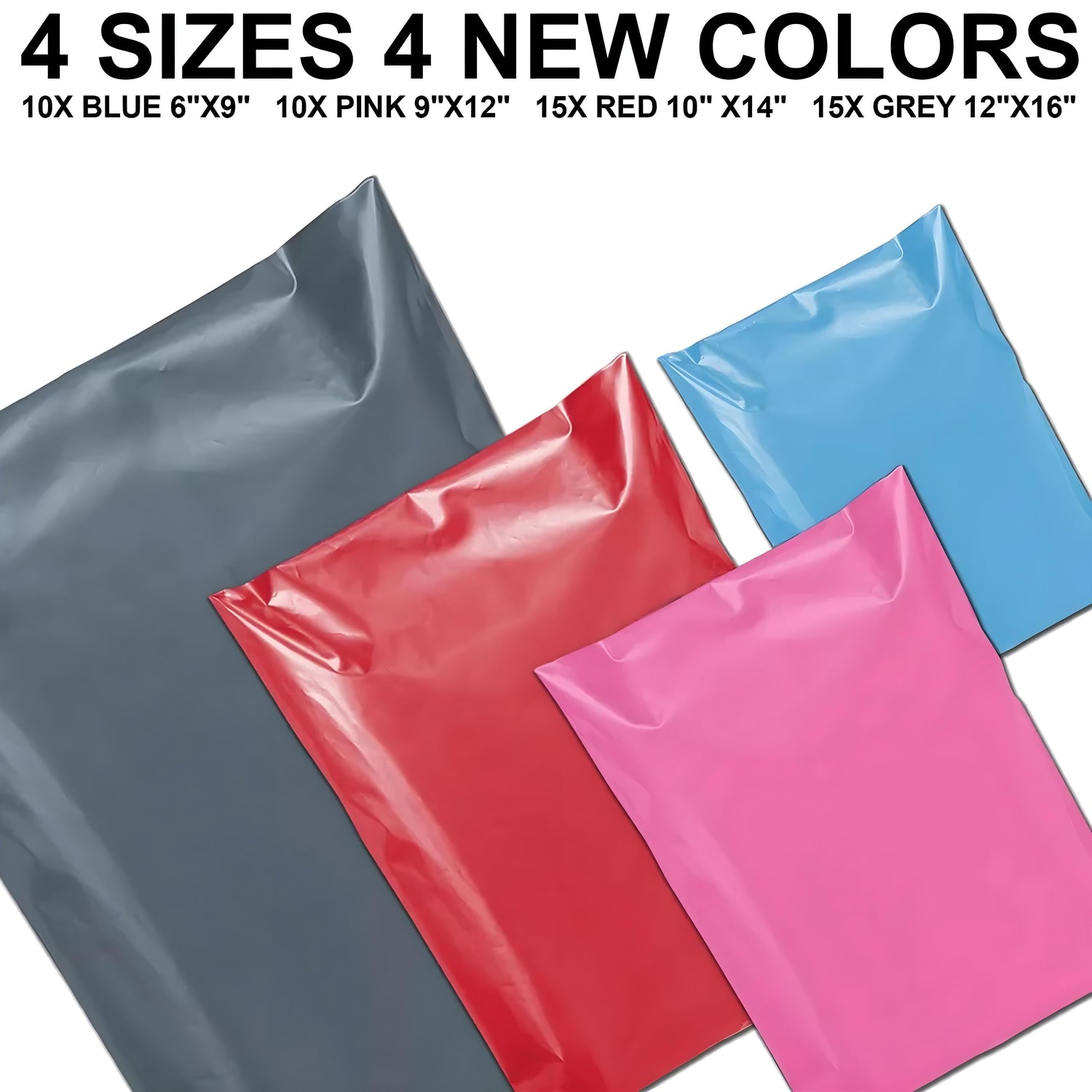 50 Mixed Mailing Bags Strong Poly Postage Bags 4 Sizes, Multicolor Pack (Blue Mailing Bags, Pink Mailing Bags, Red Mailing Bags and Grey Mailing Bags)