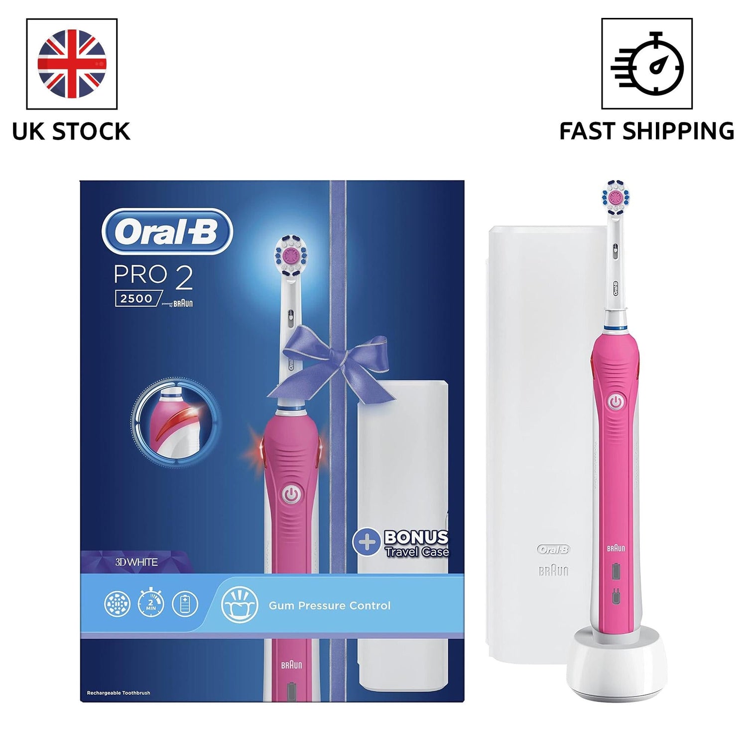 Oral-B Pro 2500 3D White Electric Rechargeable Toothbrush with Travel Case and UK 2 Pin Plug-Pink