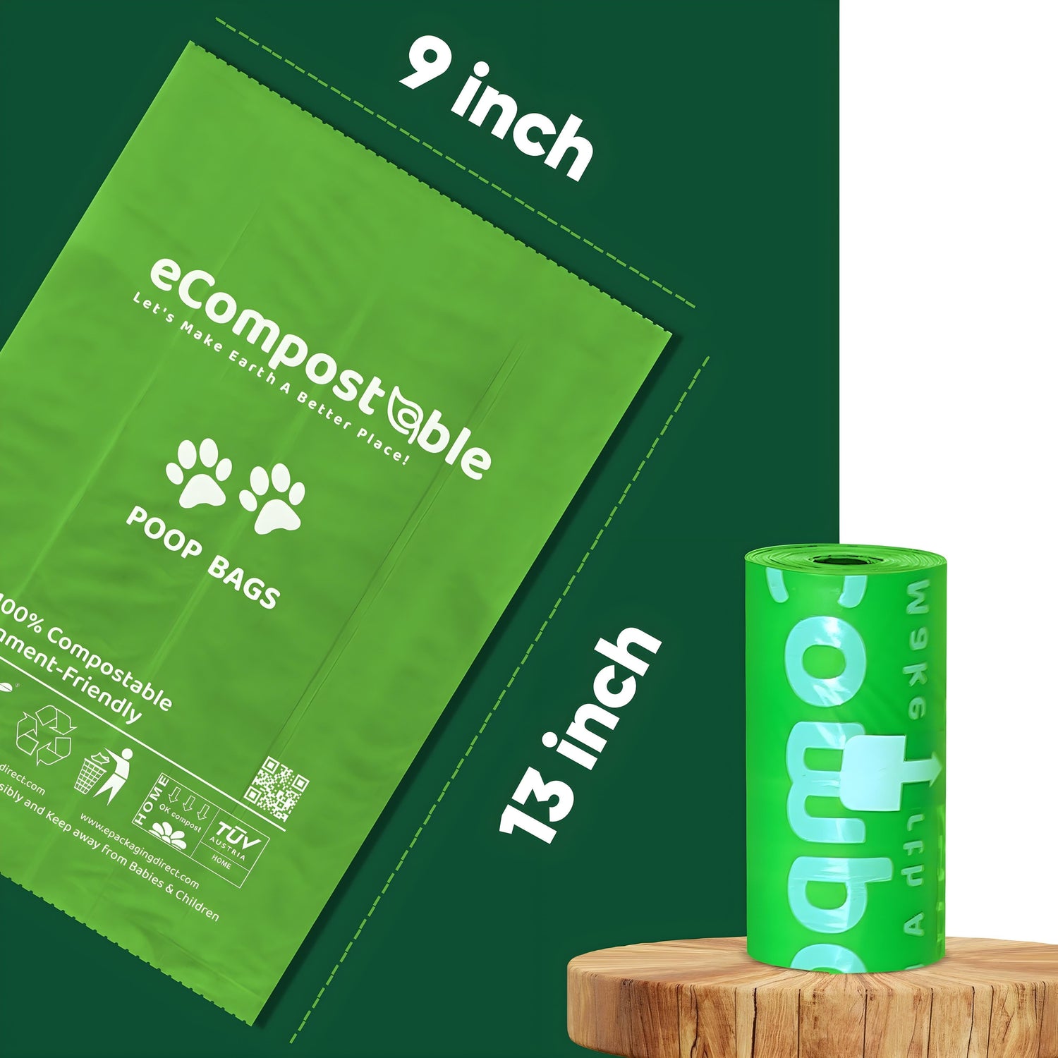 eCompostable Green Dog Poop Bags, Biodegradable, Unscented Dogg Waste Bags for Dogs, Poo Bags 23x33cm, Leak-Proof Litter Bags for Dogs and Cats