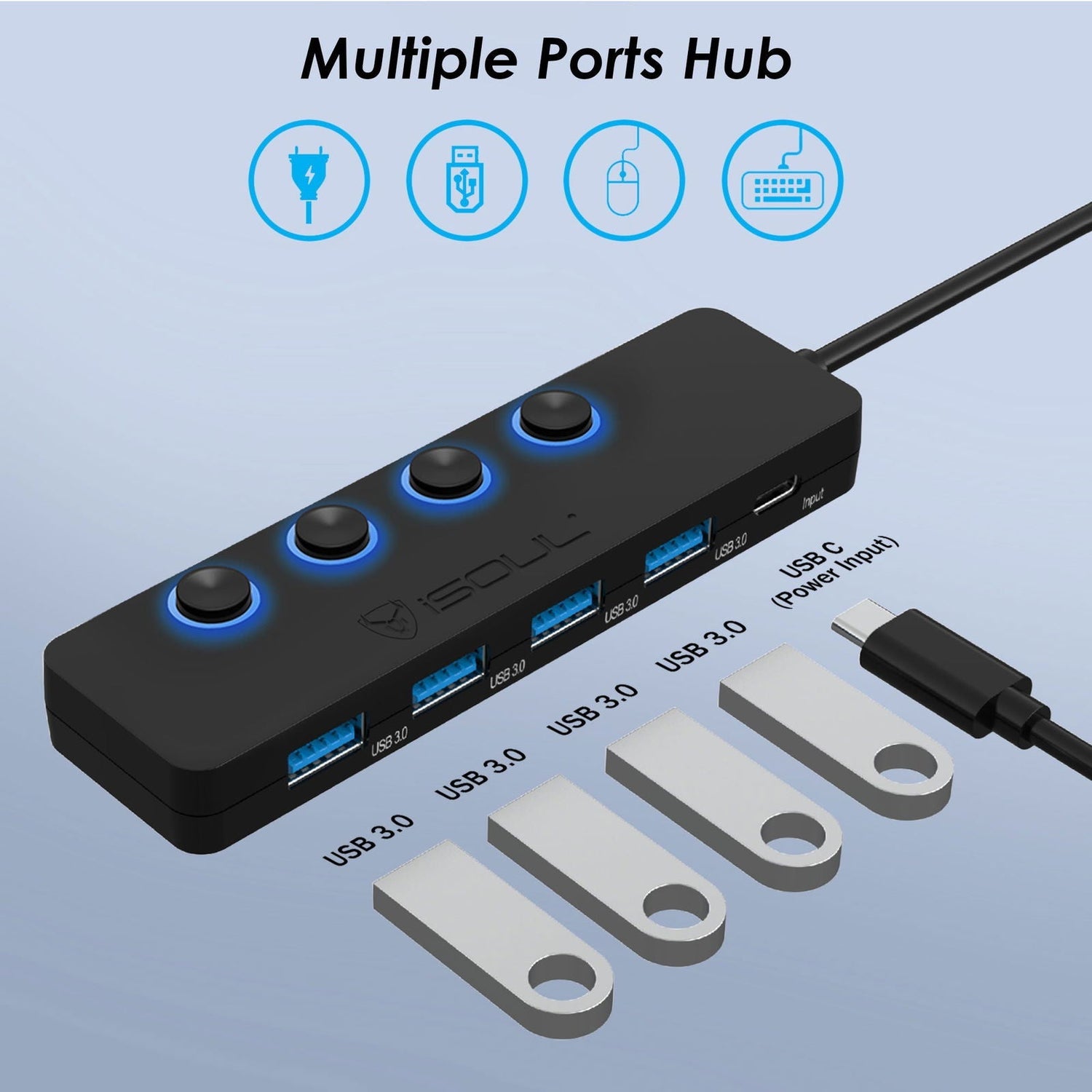 iSOUL 2-in-1 3.0 Hub 4-Port USB Hub Powered with LED Switches USB-C Hub