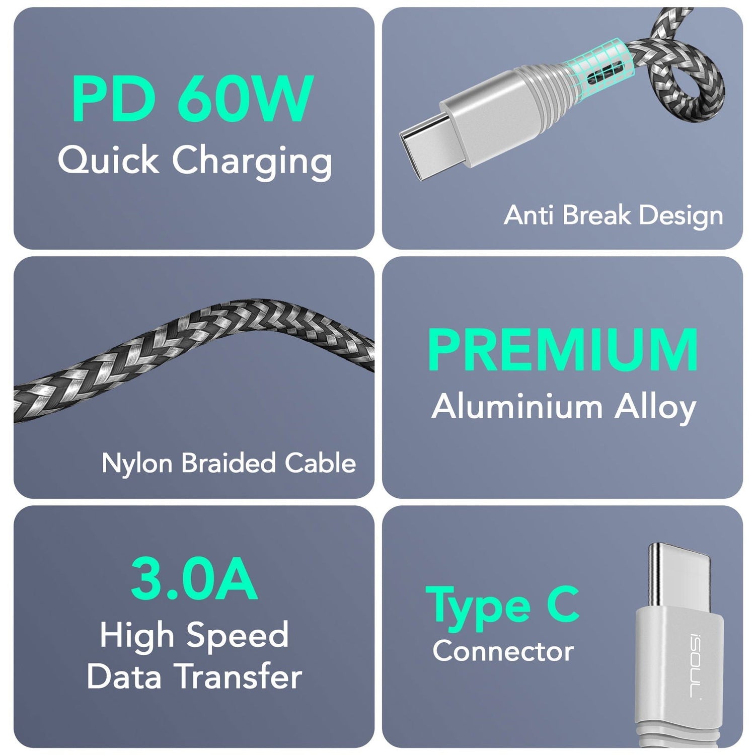 iSOUL USB C to C Cable with 60W 3A Power Delivery for Fast Charging
